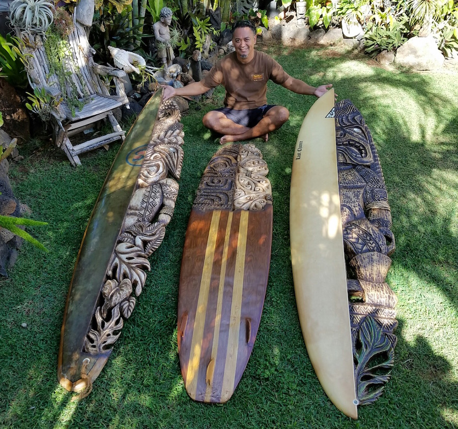 wood carved surfboard