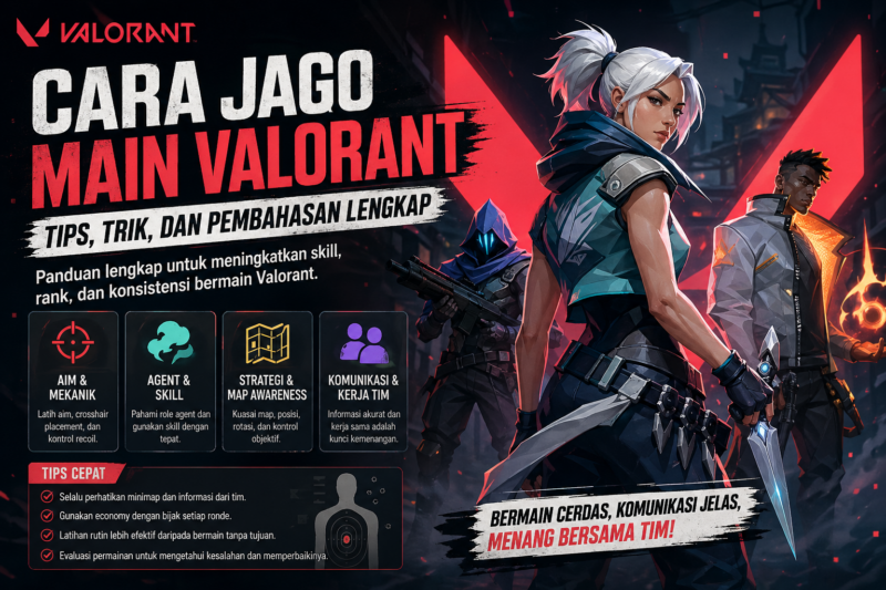 Pelajari cara jago main Valorant dengan tips, trik, dan rekomendasi strategi terbaik. Pembahasan lengkap untuk meningkatkan aim, rank, dan konsistensi bermain.