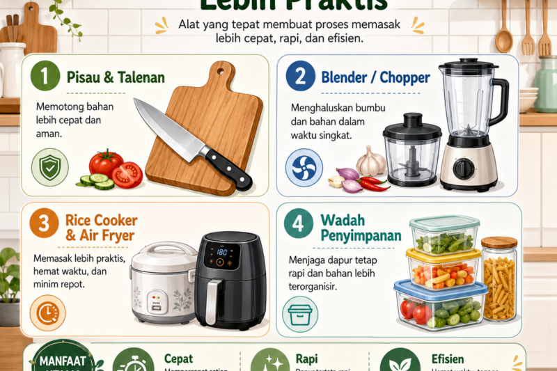 Temukan peralatan dapur praktis yang membantu memasak lebih cepat, rapi, dan efisien untuk kebutuhan harian keluarga modern.