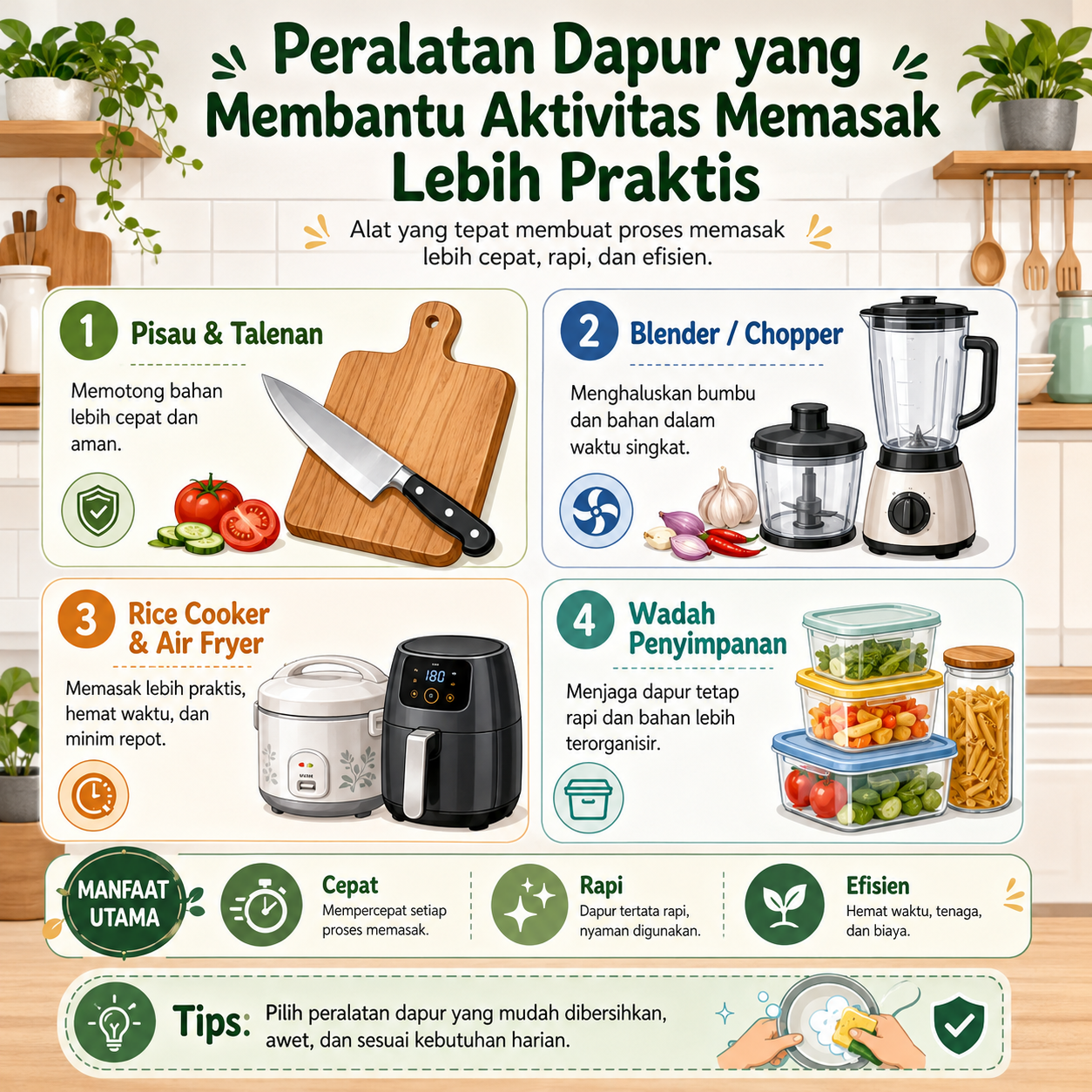 Temukan peralatan dapur praktis yang membantu memasak lebih cepat, rapi, dan efisien untuk kebutuhan harian keluarga modern.
