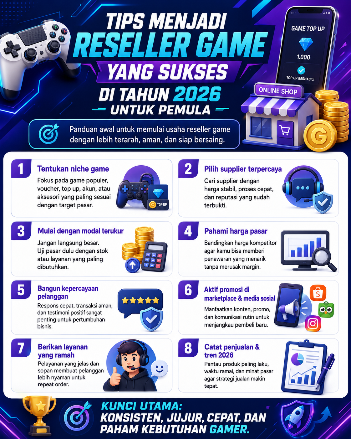 Tips menjadi reseller game sukses di 2026 untuk pemula, mulai dari memilih produk, supplier aman, promosi, hingga membangun kepercayaan pelanggan.